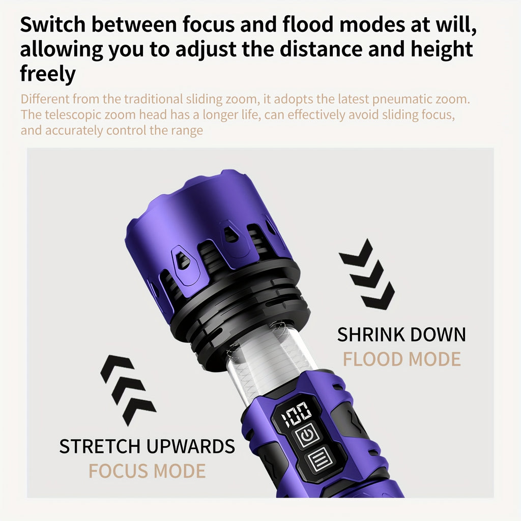 SKYFIRE LED High-brightness Display Flashlight, High-lumen Ultra-bright Rechargeable Flashlight, Ultra-long Battery Life with Zoom Function, Built-in Floodlight Mode, Suitable for Camping, Outdoor Activities, Farm Patrol, And Night Cycling