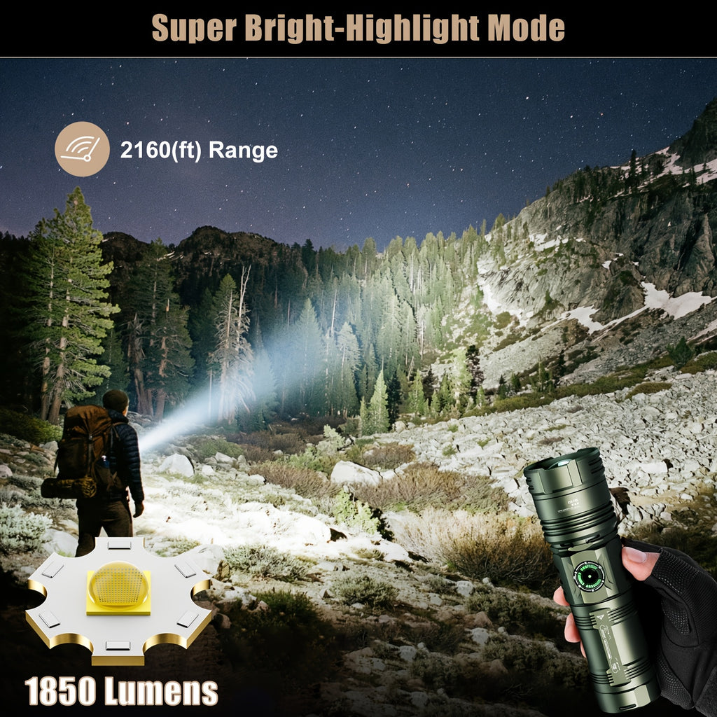 SKYFIRE 1850Lumens Rechargeable Flashlight, 6 Modes Zoomable LED Flashlight, Type-C Charging & Power Indicator, 64H Long Runtime, Bright Light for Farm Patrol, Camping, Hiking & Emergency