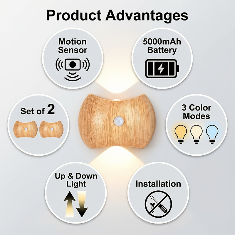 4pcs\u002F2pcs Rechargeable Motion Sensor Wall Light Sconce | 3 Colors Wireless Up and Down Wall Mount Light, Battery Operated, Wood End for Hallway, Staircase, Bedroom, Bathroom - KINGDALUX