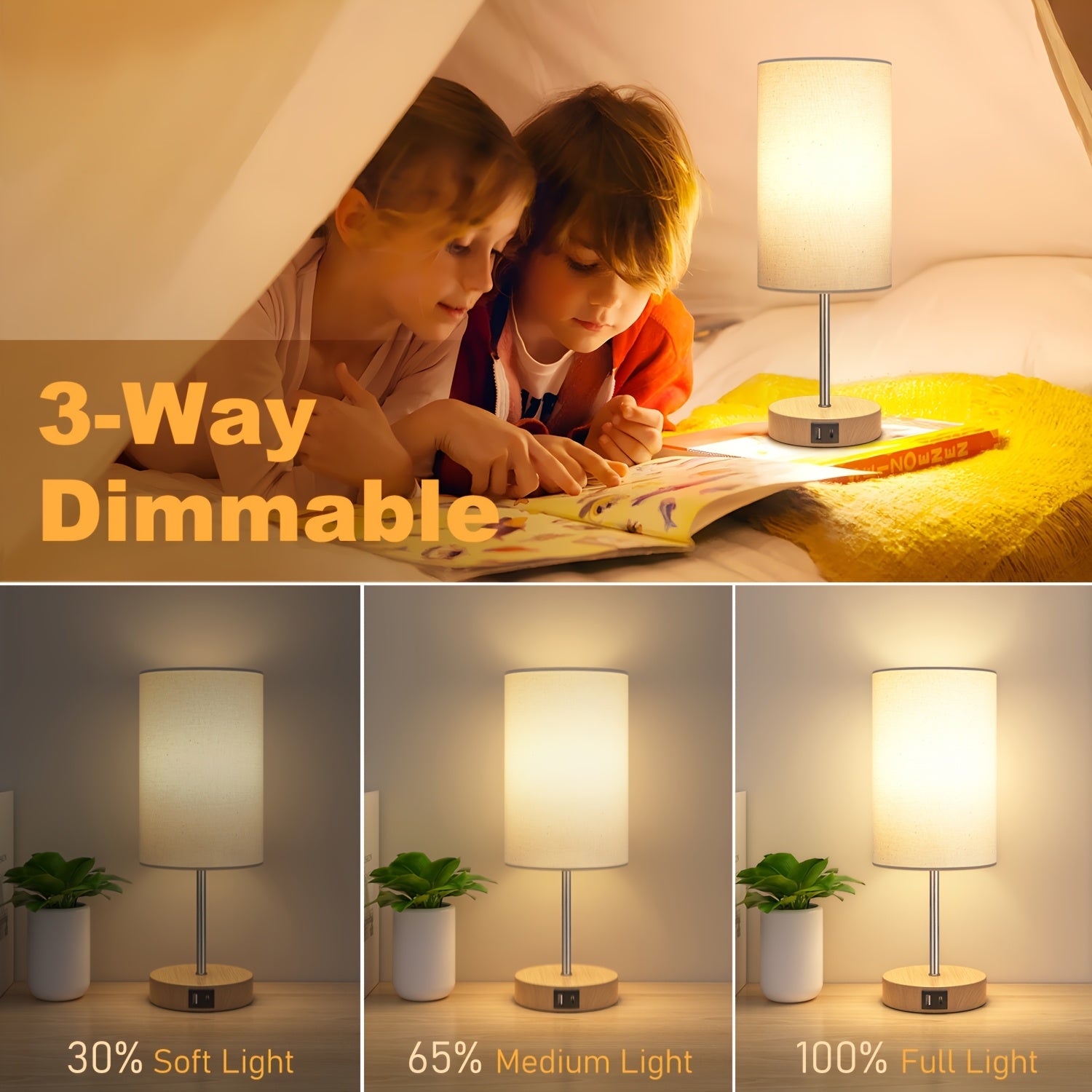 2\u002F1pc 14 Inch Small Table Lamp, Touch Control, 3-Way Dimmable, Dual USB Charging Port, 3000K Soft Warm, Compact Desk Lamp for Bedroom Nightstand, Living Room, Office, Entry, Console Table, Side Table, Gifts for Her (2 LED Dimmable Bulbs Included)