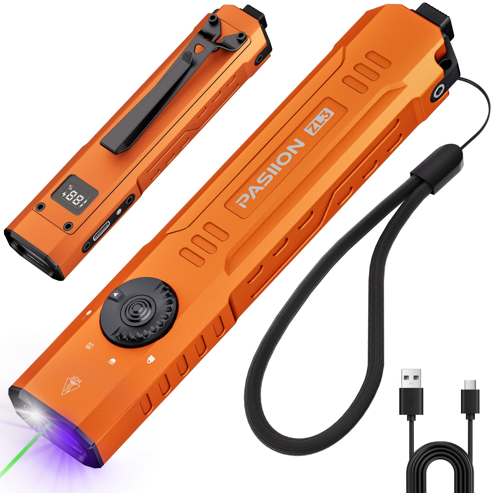 1500LUMEN Slim Tactical Flashlight & Green Laser Beam Combo, 3-Light-Source EDC Multi-Function Flashlight, High-Brightness White Light, UV365 Ultraviolet Light, Rechargeable, Essential for Home, Outdoor Adventures And Daily Use