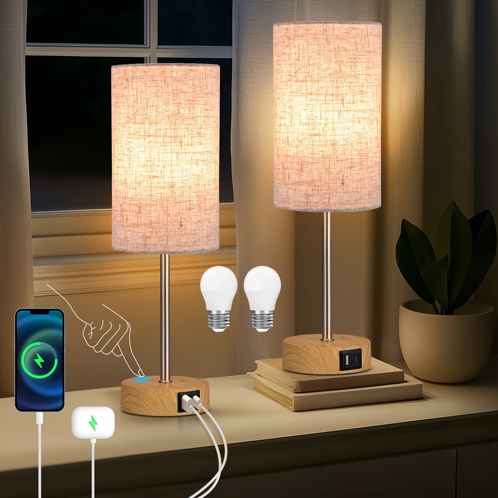 2\u002F1pc 14 Inch Small Table Lamp, Touch Control, 3-Way Dimmable, Dual USB Charging Port, 3000K Soft Warm, Compact Desk Lamp for Bedroom Nightstand, Living Room, Office, Entry, Console Table, Side Table, Gifts for Her (2 LED Dimmable Bulbs Included)