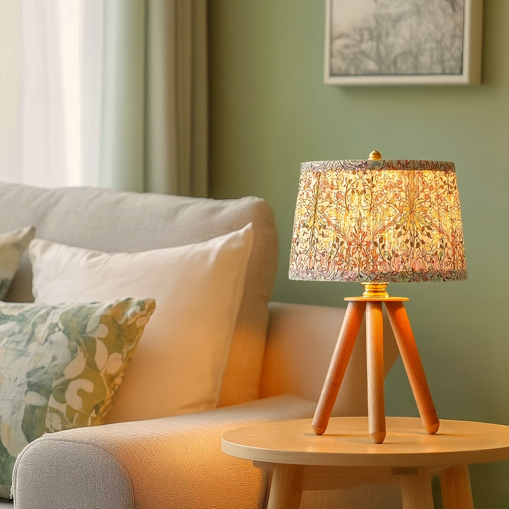 14 Inch Wooden Tripod Table Lamp with Green Ditsy Floral Shade - Cute Boho Nightstand Lamp for Girls Bedroom, Dorm, Shelf, Console Table & Desk Decor | Aesthetic Cottagecore Accent Light, E26 Socket, ON\u002FOFF Switch, Small Dresser Lamp
