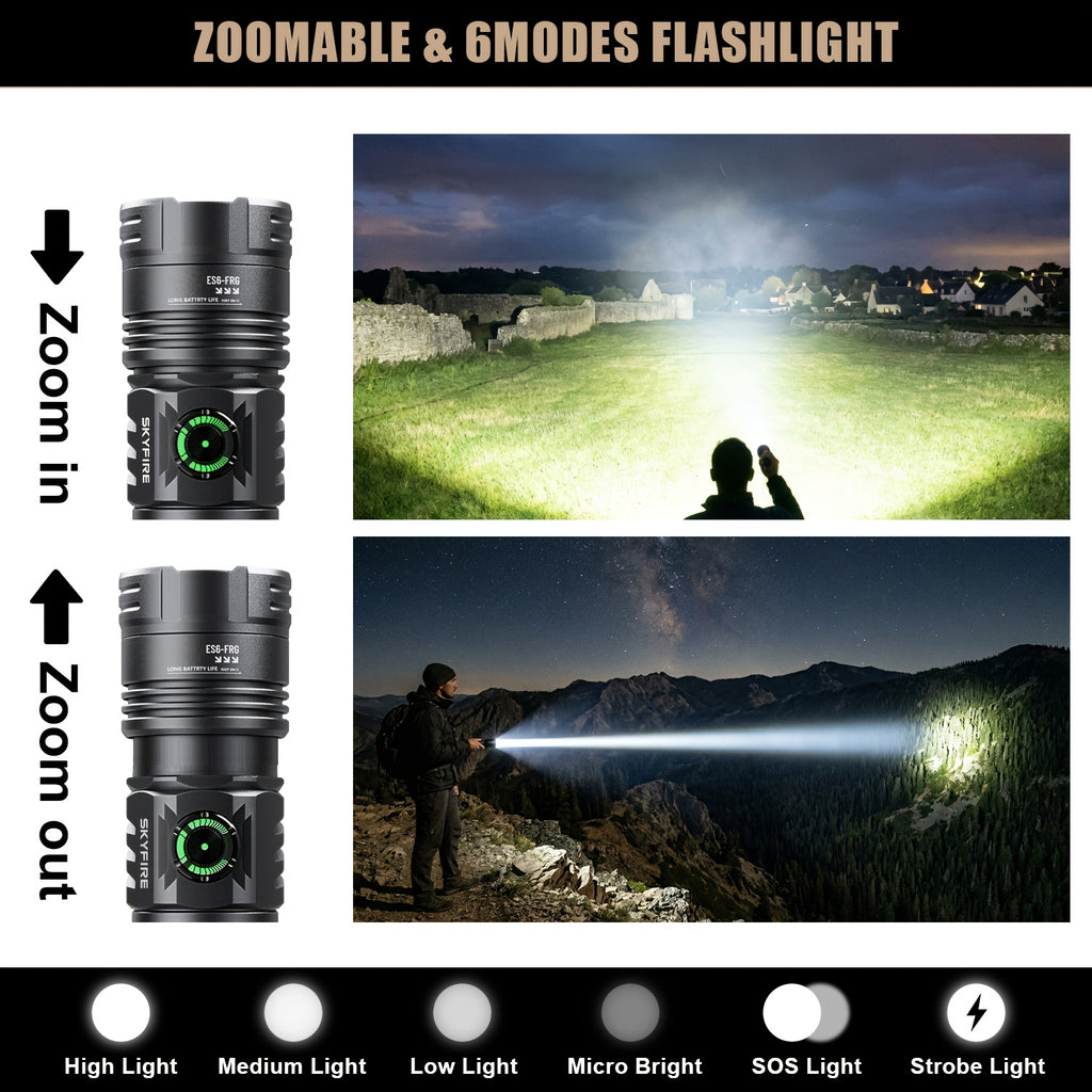 SKYFIRE 1850Lumens Rechargeable Flashlight, 6 Modes Zoomable LED Flashlight, Type-C Charging & Power Indicator, 64H Long Runtime, Bright Light for Farm Patrol, Camping, Hiking & Emergency
