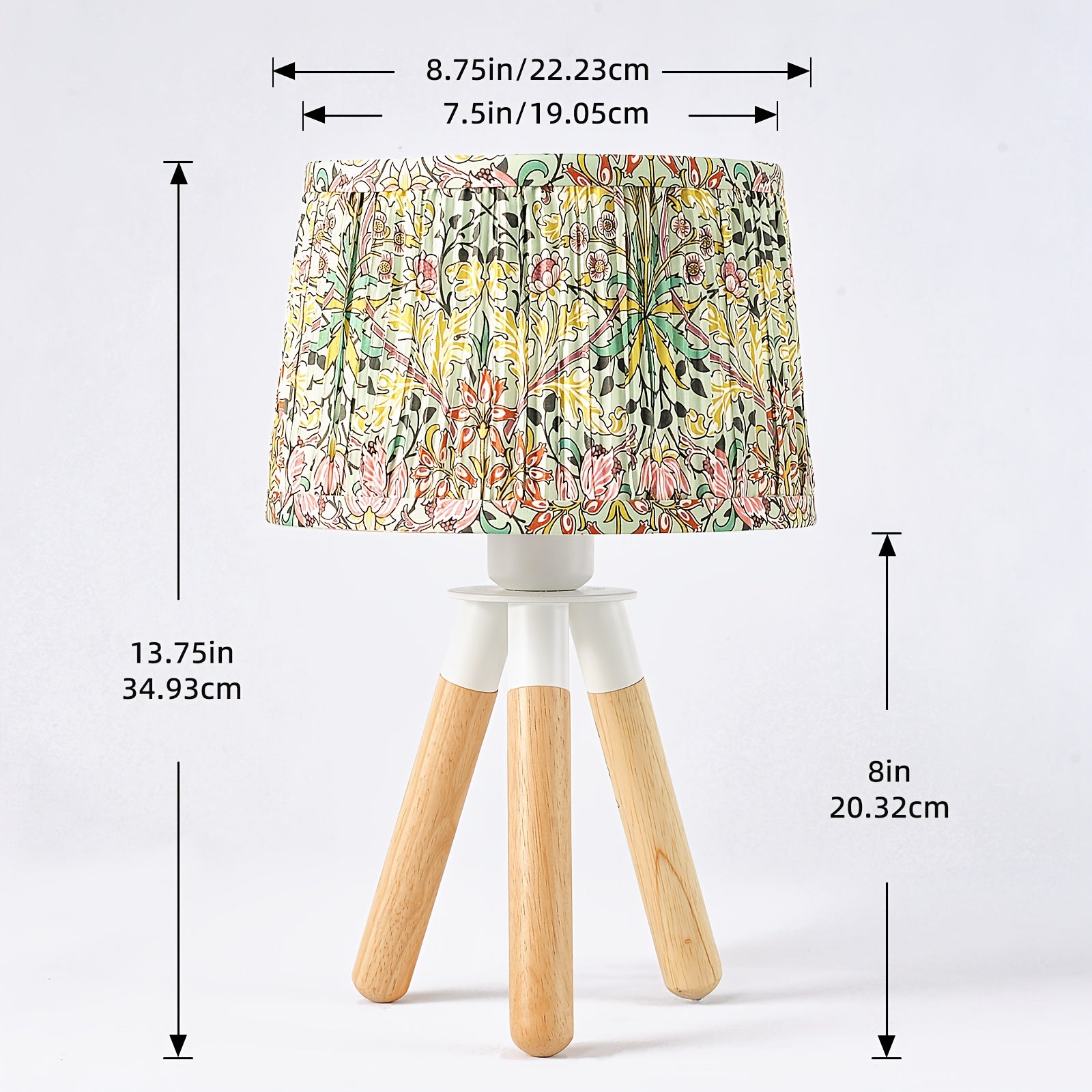 14 Inch Wooden Tripod Table Lamp with Green Ditsy Floral Shade - Cute Boho Nightstand Lamp for Girls Bedroom, Dorm, Shelf, Console Table & Desk Decor | Aesthetic Cottagecore Accent Light, E26 Socket, ON\u002FOFF Switch, Small Dresser Lamp