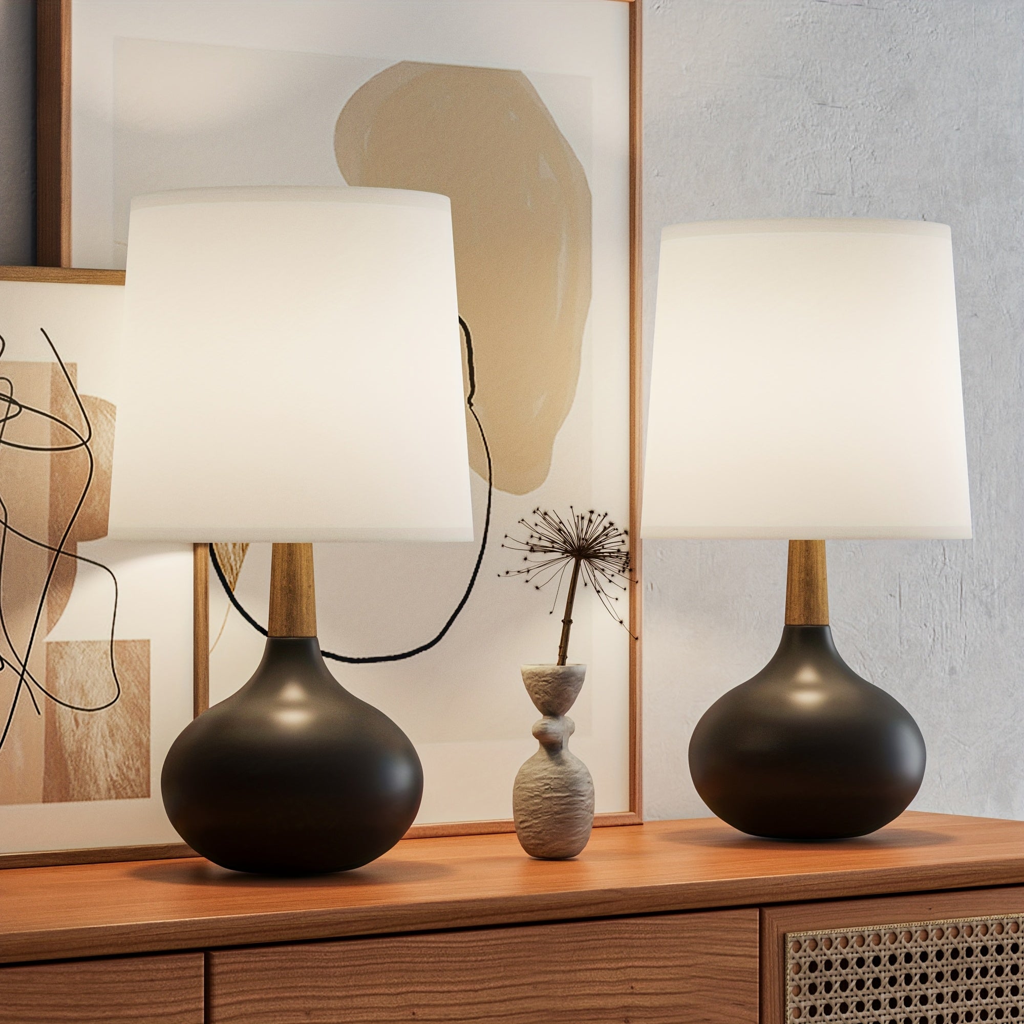 Small Ceramic Table Lamps Set of 2, 14 Inches Mini Bedside Lamps with White Shade, Farmhouse Nightstand Lamp with Wooden Neck for Bedroom, Study, Nightstand, White\u002FBlack