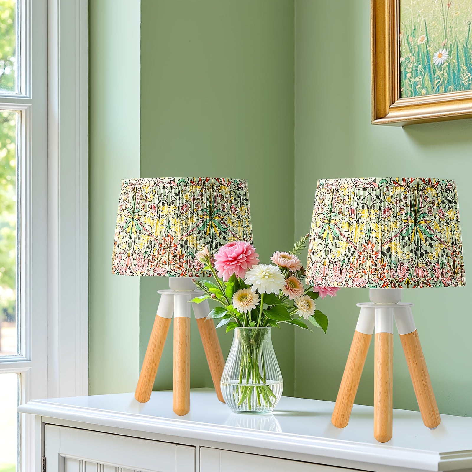 14 Inch Wooden Tripod Table Lamp with Green Ditsy Floral Shade - Cute Boho Nightstand Lamp for Girls Bedroom, Dorm, Shelf, Console Table & Desk Decor | Aesthetic Cottagecore Accent Light, E26 Socket, ON\u002FOFF Switch, Small Dresser Lamp