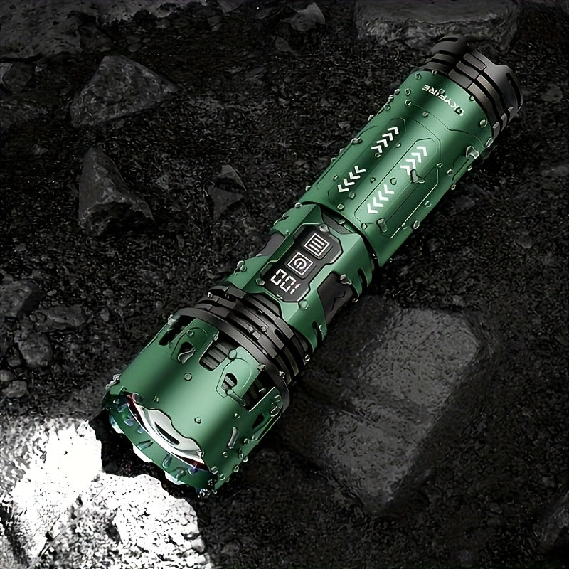 SKYFIRE LED High-brightness Display Flashlight, High-lumen Ultra-bright Rechargeable Flashlight, Ultra-long Battery Life with Zoom Function, Built-in Floodlight Mode, Suitable for Camping, Outdoor Activities, Farm Patrol, And Night Cycling