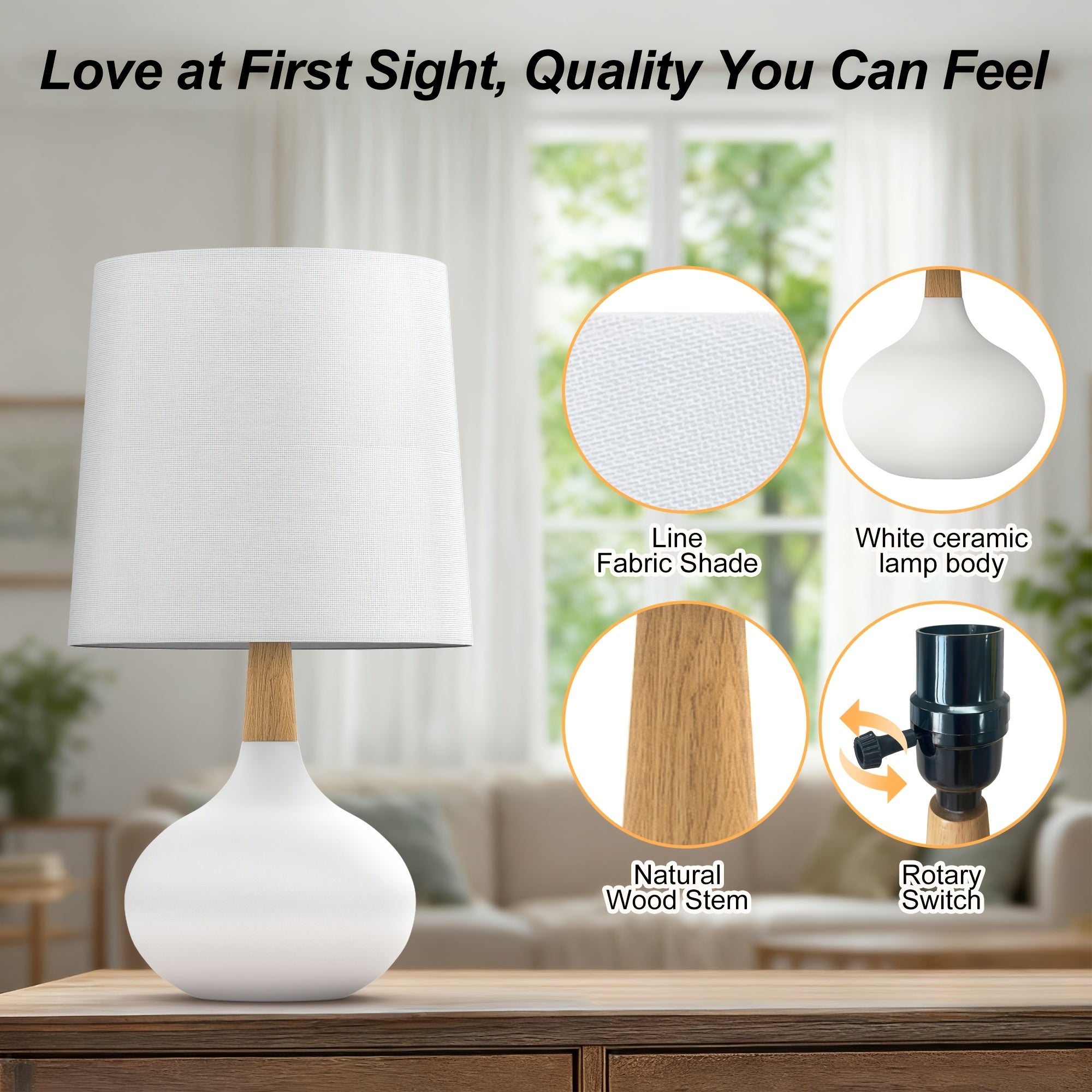 Small Ceramic Table Lamps Set of 2, 14 Inches Mini Bedside Lamps with White Shade, Farmhouse Nightstand Lamp with Wooden Neck for Bedroom, Study, Nightstand, White\u002FBlack