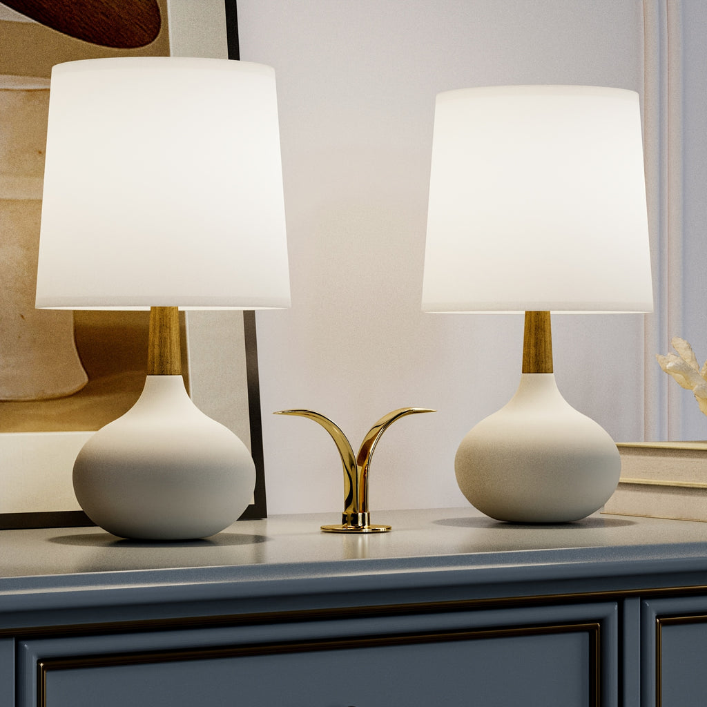 Small Ceramic Table Lamps Set of 2, 14 Inches Mini Bedside Lamps with White Shade, Farmhouse Nightstand Lamp with Wooden Neck for Bedroom, Study, Nightstand, White\u002FBlack