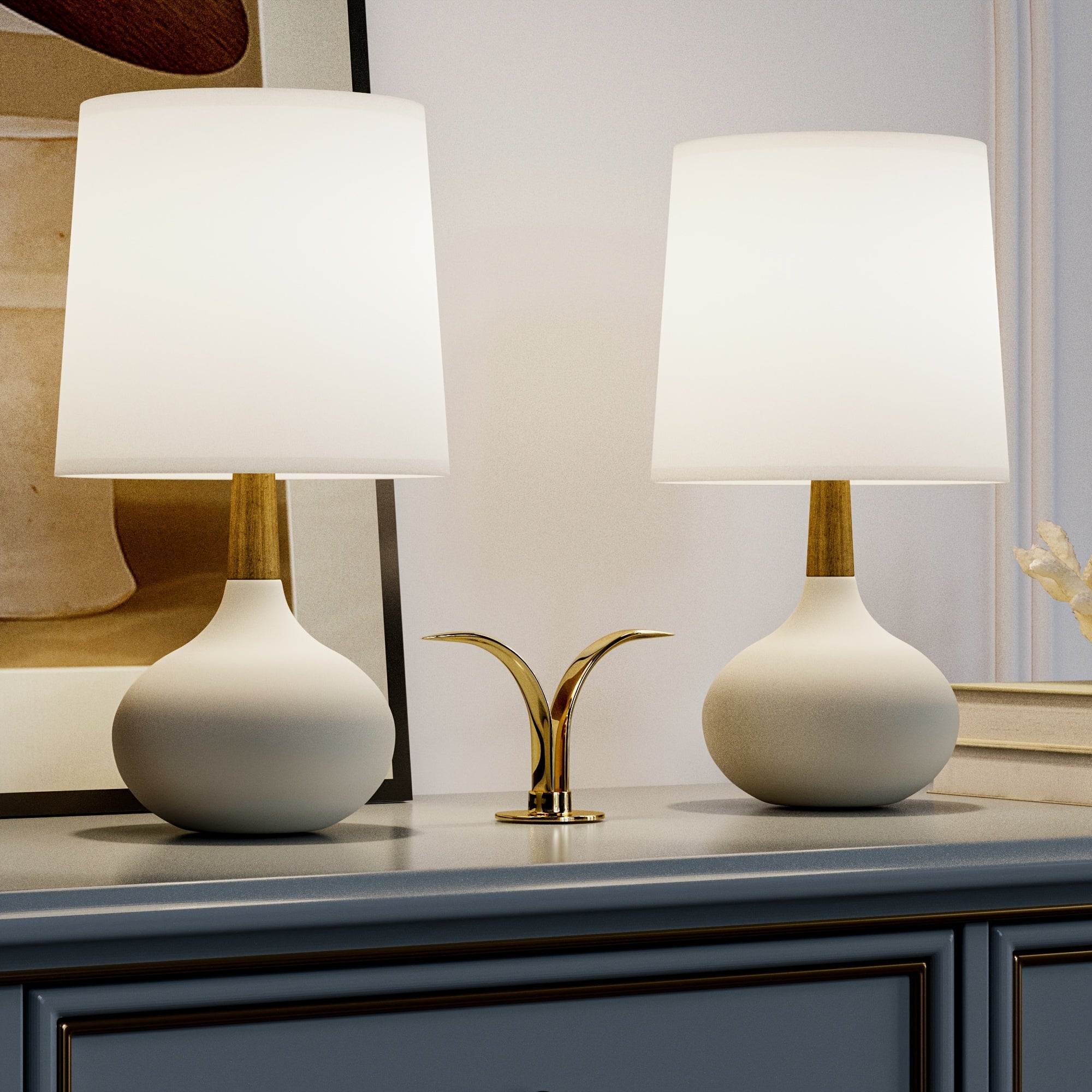 Small Ceramic Table Lamps Set of 2, 14 Inches Mini Bedside Lamps with White Shade, Farmhouse Nightstand Lamp with Wooden Neck for Bedroom, Study, Nightstand, White\u002FBlack