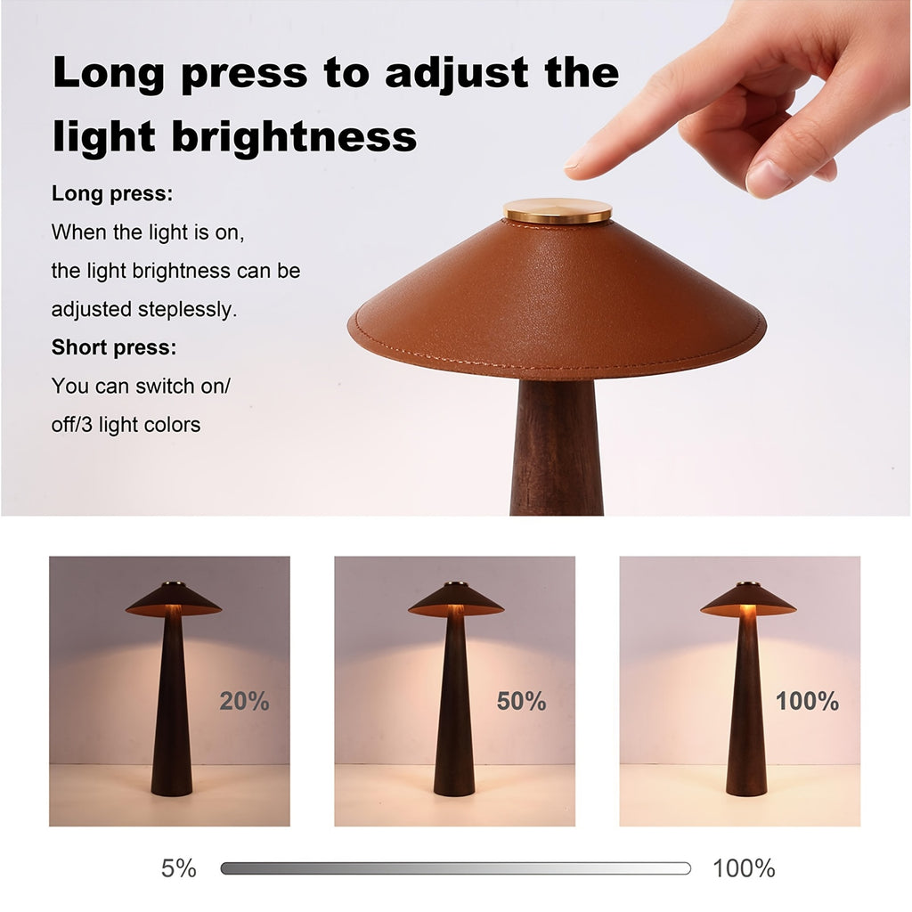 Wooden Touch Nightlight Decorative for Home Office Battery Operated Small LED Table Lamp with USB-C Charging Port, Rechargeable Dimmable Lamps, Leather Battery Powered Lamps for Birthday Christmas Presents