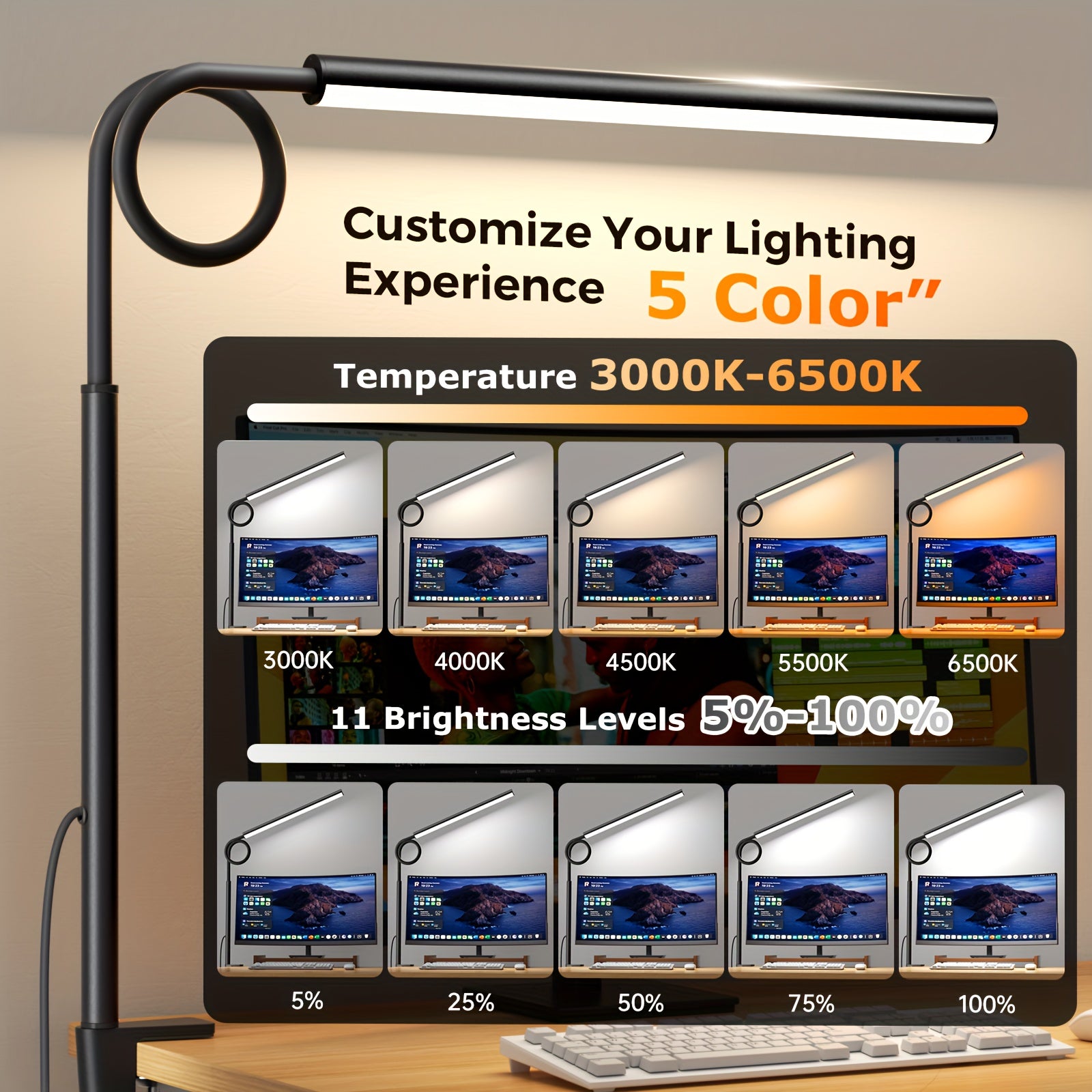 Professional LED Desk Lamp with Heavy Duty Clamp - 360° Adjustable Gooseneck, 5 Lighting Modes & 10 Brightness Levels, Eye Strain Relief for Home Office