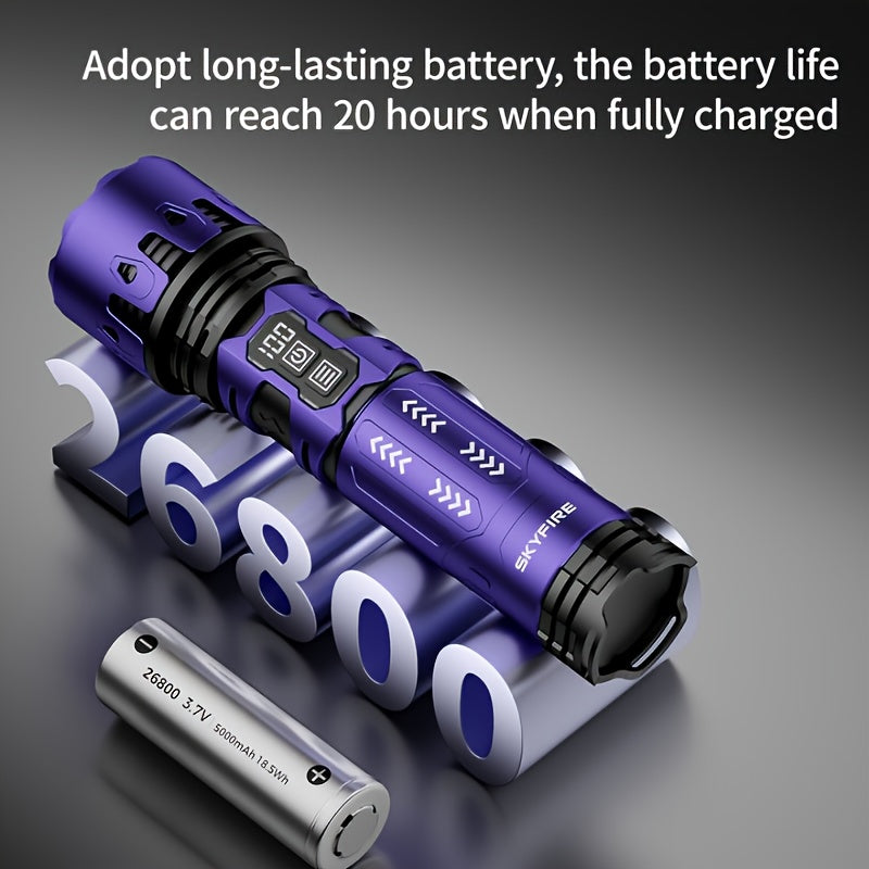 SKYFIRE LED High-brightness Display Flashlight, High-lumen Ultra-bright Rechargeable Flashlight, Ultra-long Battery Life with Zoom Function, Built-in Floodlight Mode, Suitable for Camping, Outdoor Activities, Farm Patrol, And Night Cycling