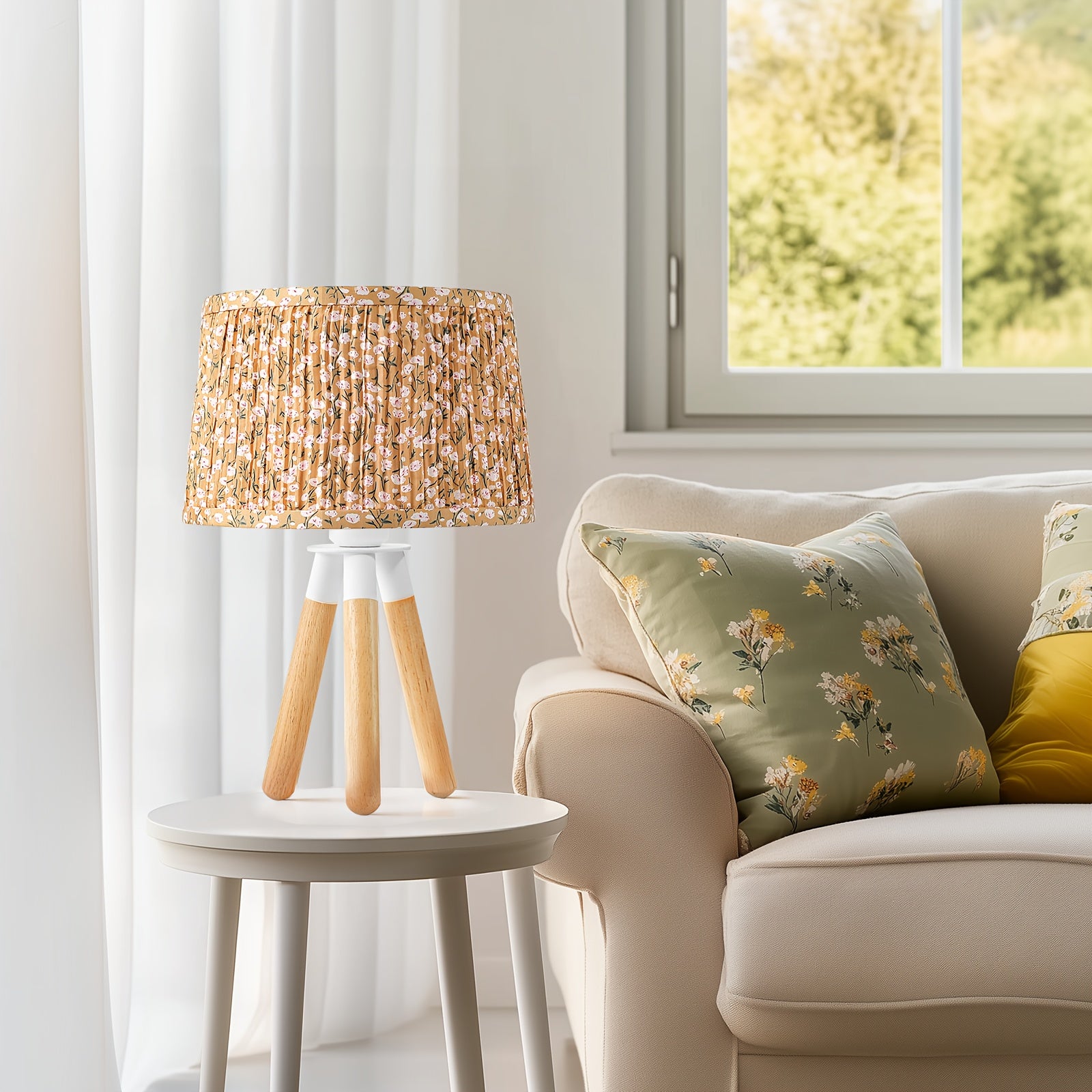 14 Inch Wooden Tripod Table Lamp with Green Ditsy Floral Shade - Cute Boho Nightstand Lamp for Girls Bedroom, Dorm, Shelf, Console Table & Desk Decor | Aesthetic Cottagecore Accent Light, E26 Socket, ON\u002FOFF Switch, Small Dresser Lamp