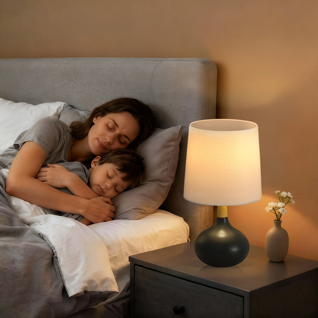 Small Ceramic Table Lamps Set of 2, 14 Inches Mini Bedside Lamps with White Shade, Farmhouse Nightstand Lamp with Wooden Neck for Bedroom, Study, Nightstand, White\u002FBlack