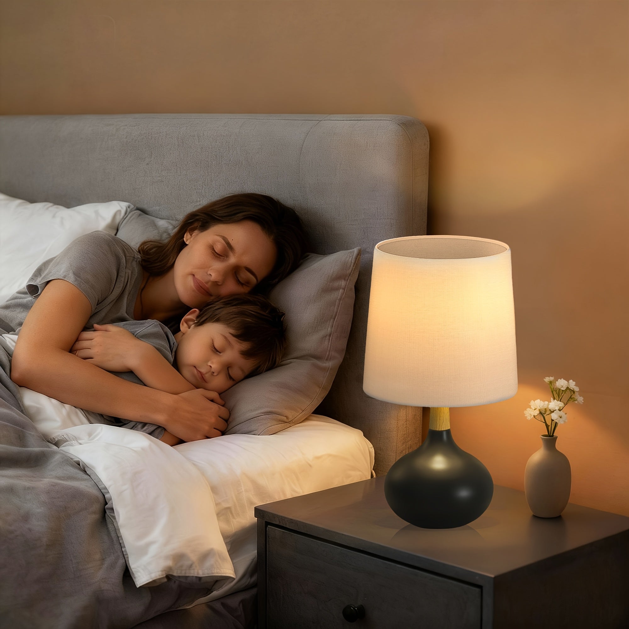 Small Ceramic Table Lamps Set of 2, 14 Inches Mini Bedside Lamps with White Shade, Farmhouse Nightstand Lamp with Wooden Neck for Bedroom, Study, Nightstand, White\u002FBlack