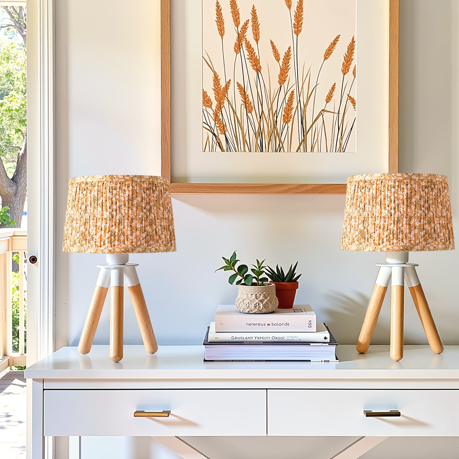 14 Inch Wooden Tripod Table Lamp with Green Ditsy Floral Shade - Cute Boho Nightstand Lamp for Girls Bedroom, Dorm, Shelf, Console Table & Desk Decor | Aesthetic Cottagecore Accent Light, E26 Socket, ON\u002FOFF Switch, Small Dresser Lamp