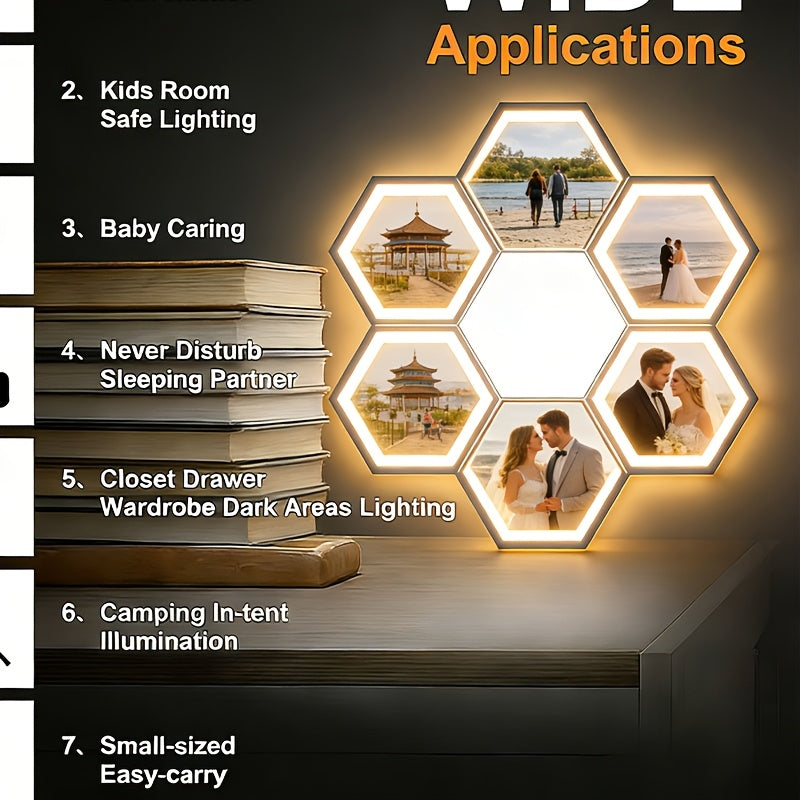 Customizable Hexagonal Combination Wall Lamp Equipped with A Smart Touch Sensor. The Soft Lighting Creates A Warm Atmosphere for Bedrooms And Living Rooms, Making It An Ideal Choice for Home Decoration And A Perfect Gift for Home Decor Enthusiasts.