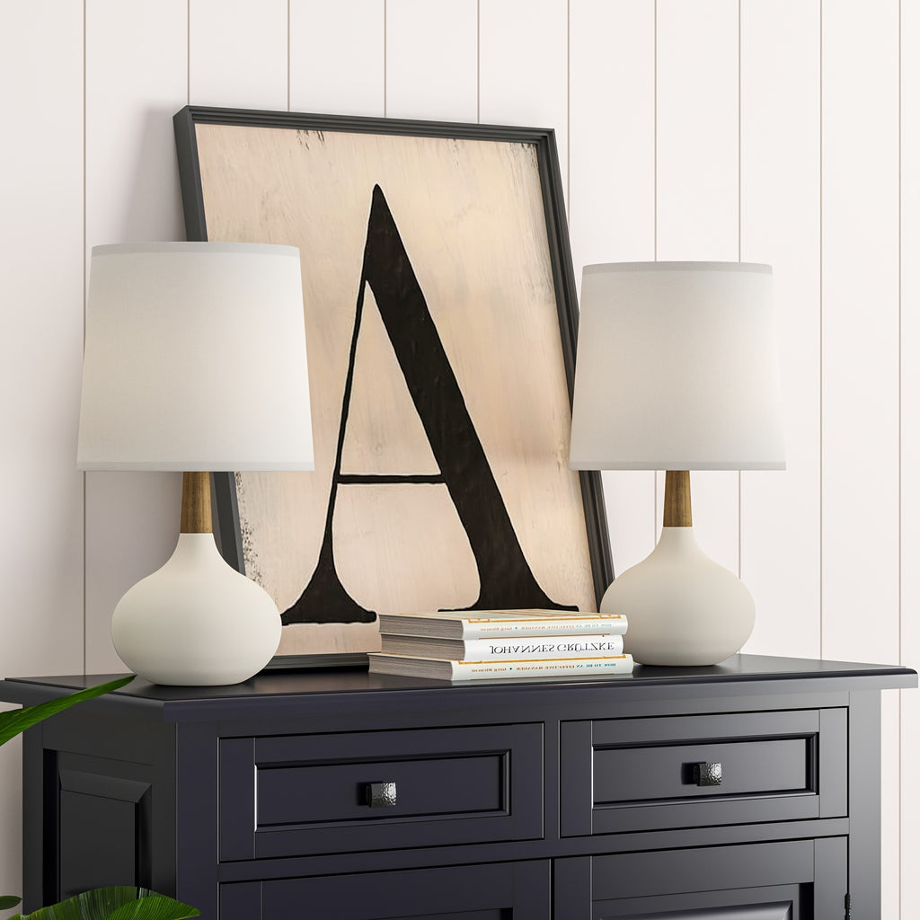 Small Ceramic Table Lamps Set of 2, 14 Inches Mini Bedside Lamps with White Shade, Farmhouse Nightstand Lamp with Wooden Neck for Bedroom, Study, Nightstand, White\u002FBlack