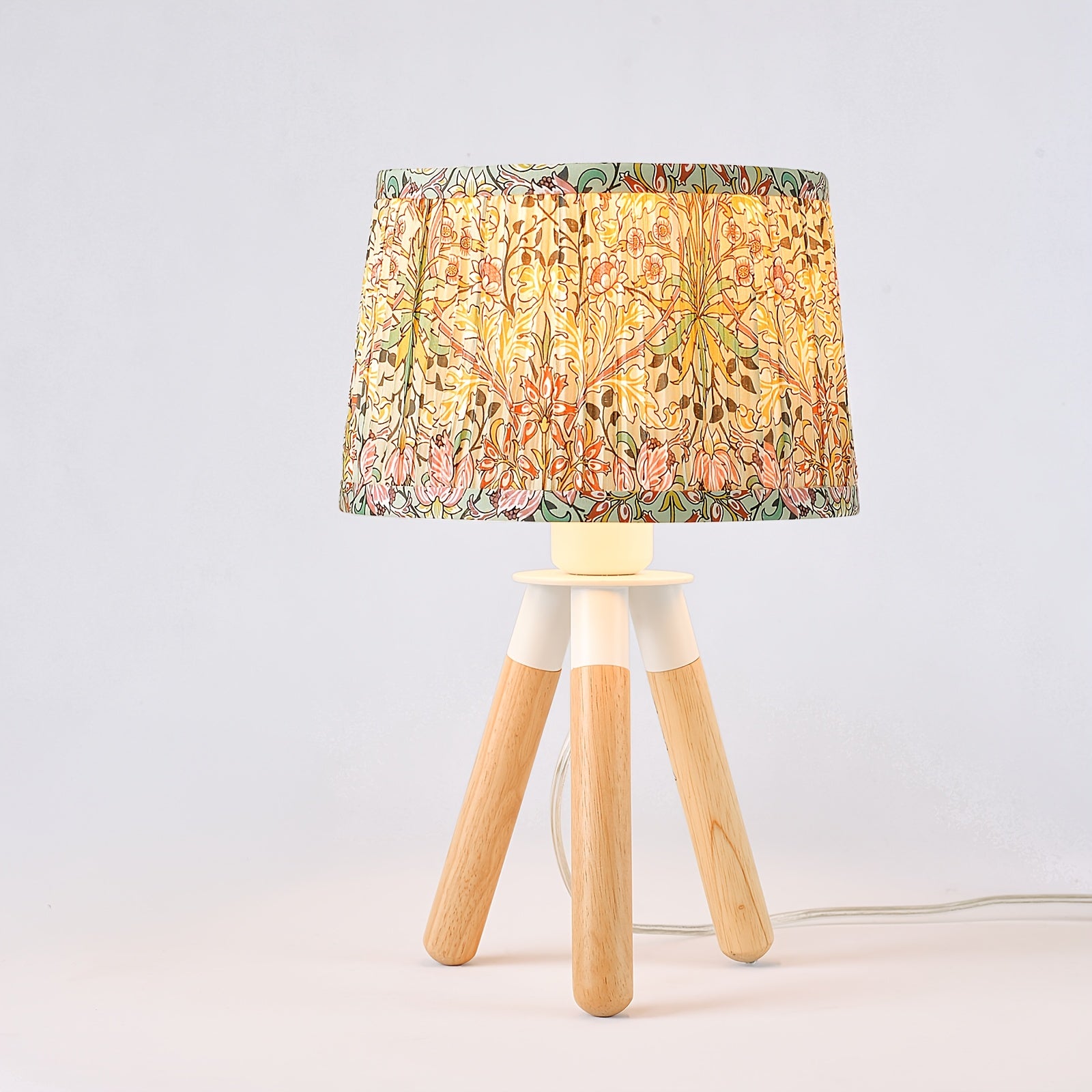 14 Inch Wooden Tripod Table Lamp with Green Ditsy Floral Shade - Cute Boho Nightstand Lamp for Girls Bedroom, Dorm, Shelf, Console Table & Desk Decor | Aesthetic Cottagecore Accent Light, E26 Socket, ON\u002FOFF Switch, Small Dresser Lamp