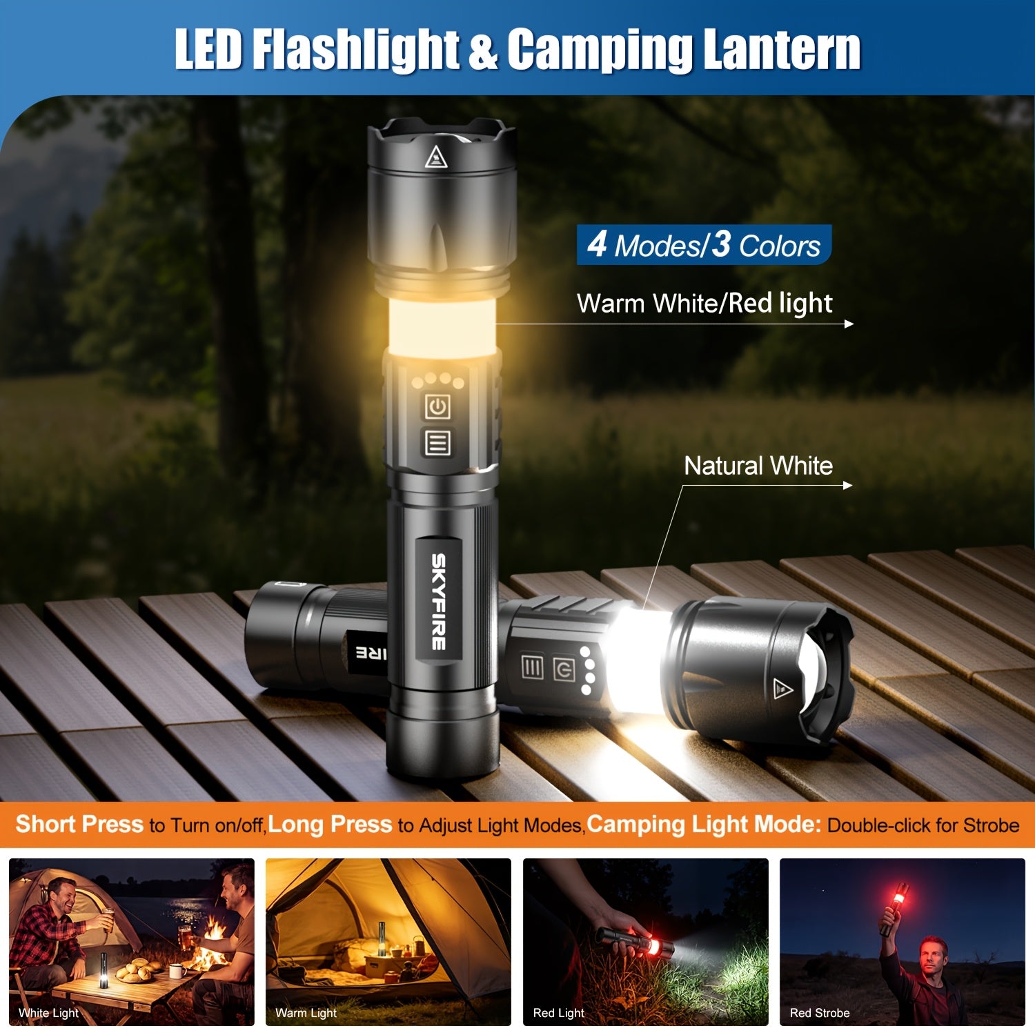 SKYFIRE Multi-Function LED Flashlight, Rechargeable 5000mAh Work Light with Zoom & Multiple Modes for Home Use, Garage & Repair
