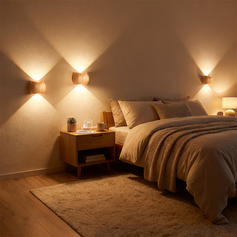 4pcs\u002F2pcs Rechargeable Motion Sensor Wall Light Sconce | 3 Colors Wireless Up and Down Wall Mount Light, Battery Operated, Wood End for Hallway, Staircase, Bedroom, Bathroom - KINGDALUX