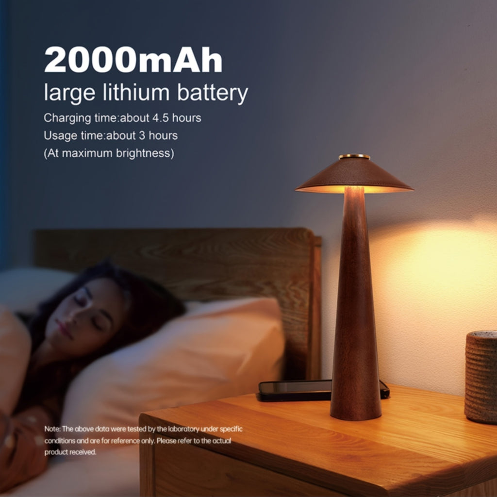 Wooden Touch Nightlight Decorative for Home Office Battery Operated Small LED Table Lamp with USB-C Charging Port, Rechargeable Dimmable Lamps, Leather Battery Powered Lamps for Birthday Christmas Presents