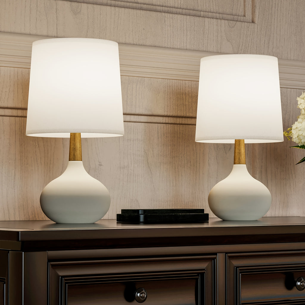 Small Ceramic Table Lamps Set of 2, 14 Inches Mini Bedside Lamps with White Shade, Farmhouse Nightstand Lamp with Wooden Neck for Bedroom, Study, Nightstand, White\u002FBlack
