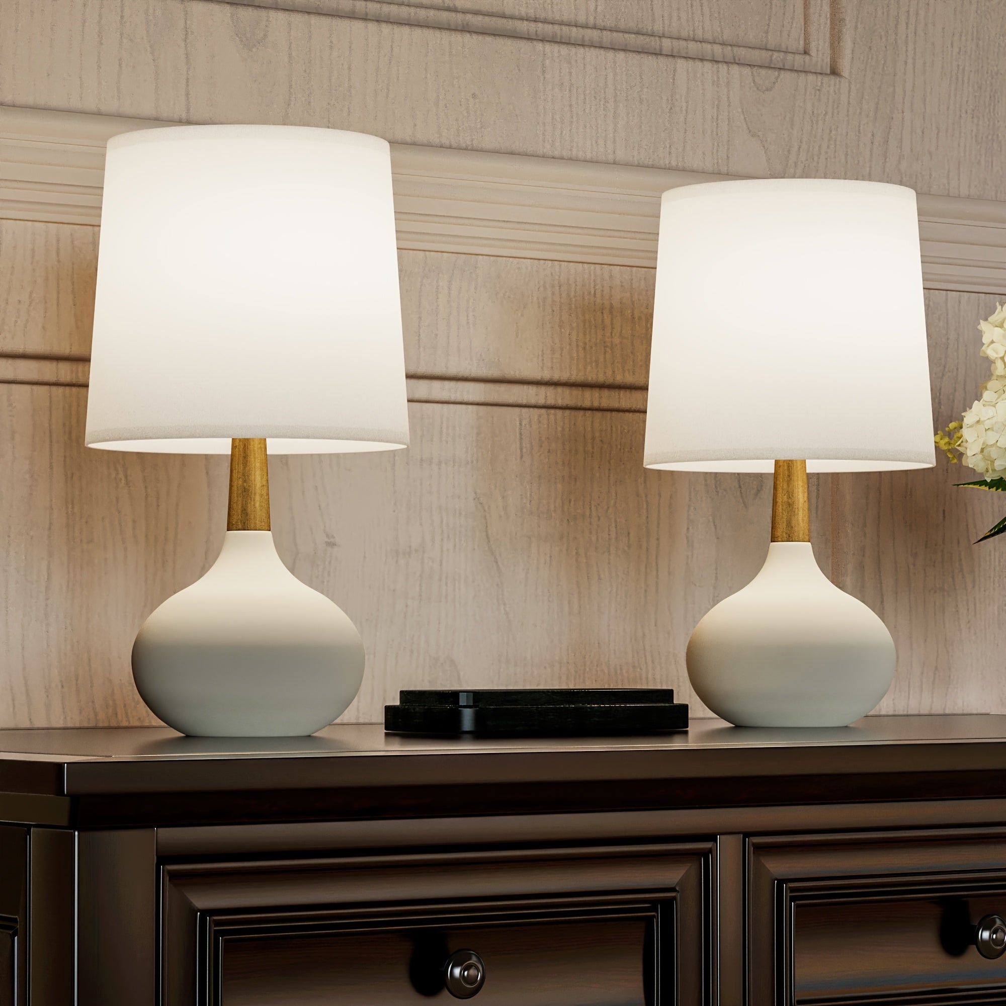 Small Ceramic Table Lamps Set of 2, 14 Inches Mini Bedside Lamps with White Shade, Farmhouse Nightstand Lamp with Wooden Neck for Bedroom, Study, Nightstand, White\u002FBlack