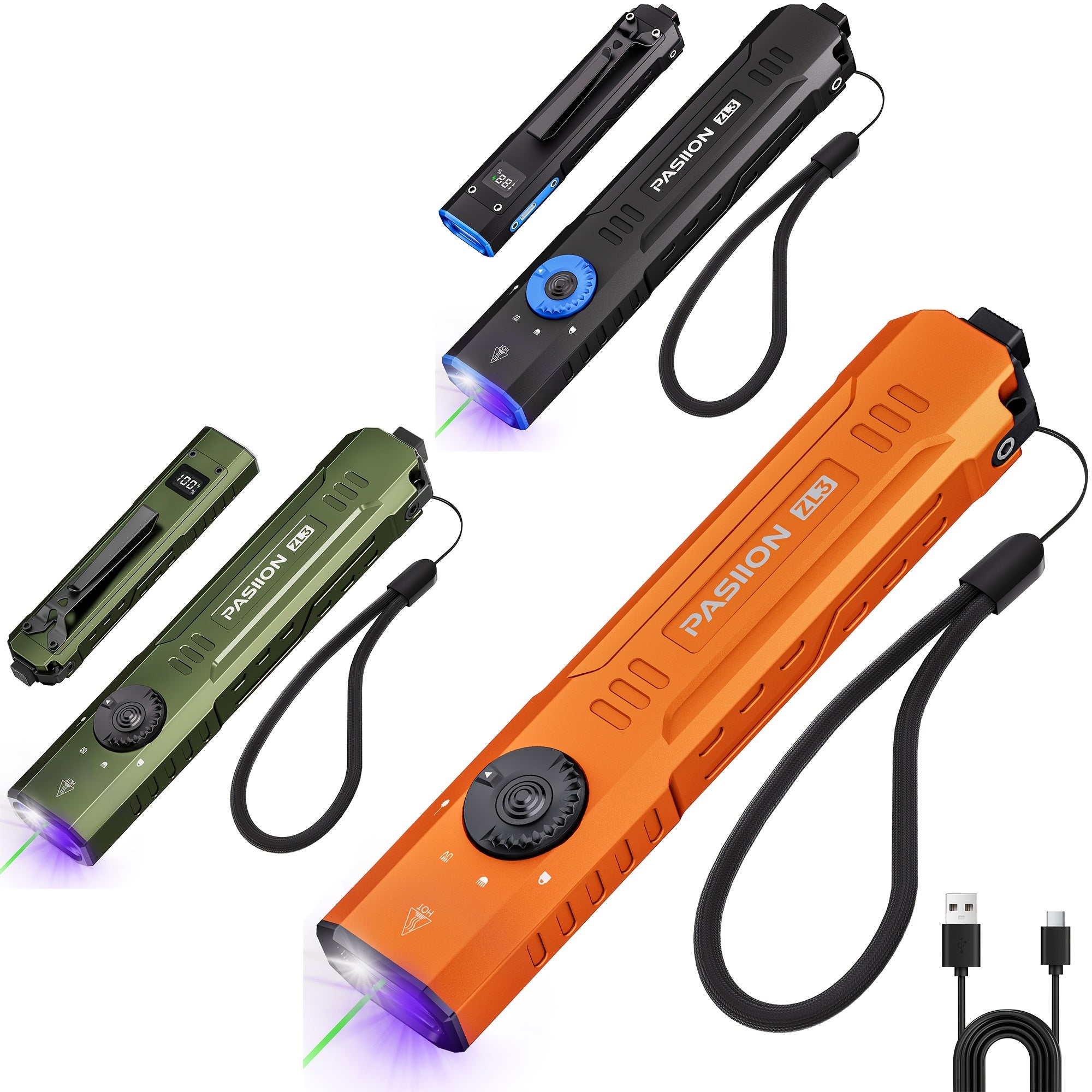 1500LUMEN Slim Tactical Flashlight & Green Laser Beam Combo, 3-Light-Source EDC Multi-Function Flashlight, High-Brightness White Light, UV365 Ultraviolet Light, Rechargeable, Essential for Home, Outdoor Adventures And Daily Use