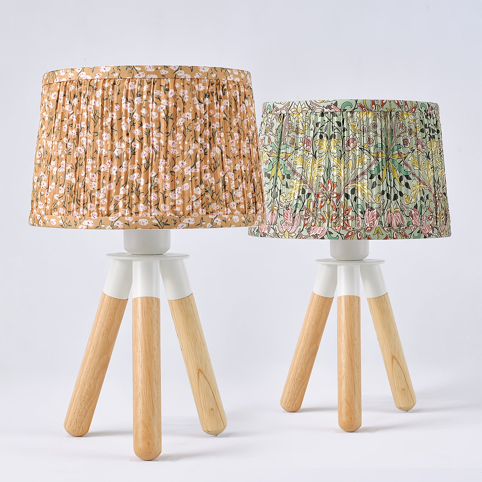 14 Inch Wooden Tripod Table Lamp with Green Ditsy Floral Shade - Cute Boho Nightstand Lamp for Girls Bedroom, Dorm, Shelf, Console Table & Desk Decor | Aesthetic Cottagecore Accent Light, E26 Socket, ON\u002FOFF Switch, Small Dresser Lamp