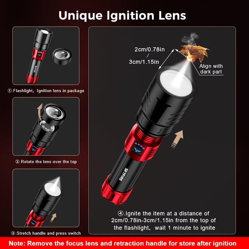 SKYFIRE LED Flashlight High Lumen, Super Bright Rechargeable Flashlight, with Ignition Lens, Adjustable Focus, Four Modes, Suitable for Camping, Outdoor, Farm, Family Use