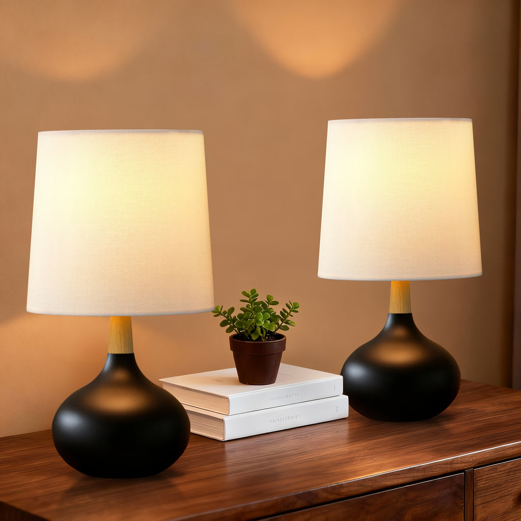 Small Ceramic Table Lamps Set of 2, 14 Inches Mini Bedside Lamps with White Shade, Farmhouse Nightstand Lamp with Wooden Neck for Bedroom, Study, Nightstand, White\u002FBlack