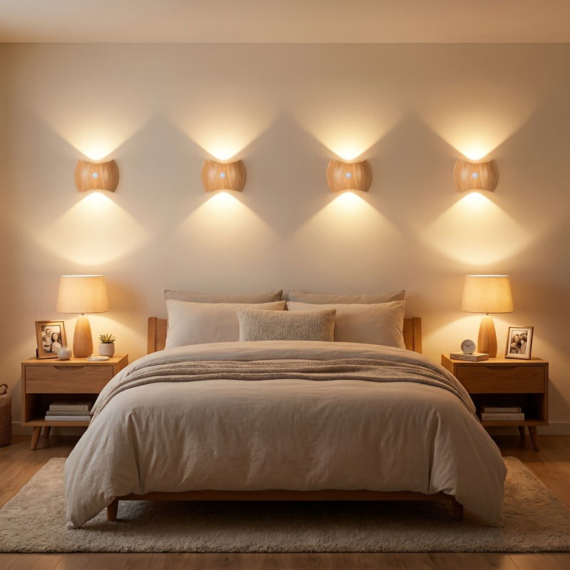 4pcs\u002F2pcs Rechargeable Motion Sensor Wall Light Sconce | 3 Colors Wireless Up and Down Wall Mount Light, Battery Operated, Wood End for Hallway, Staircase, Bedroom, Bathroom - KINGDALUX