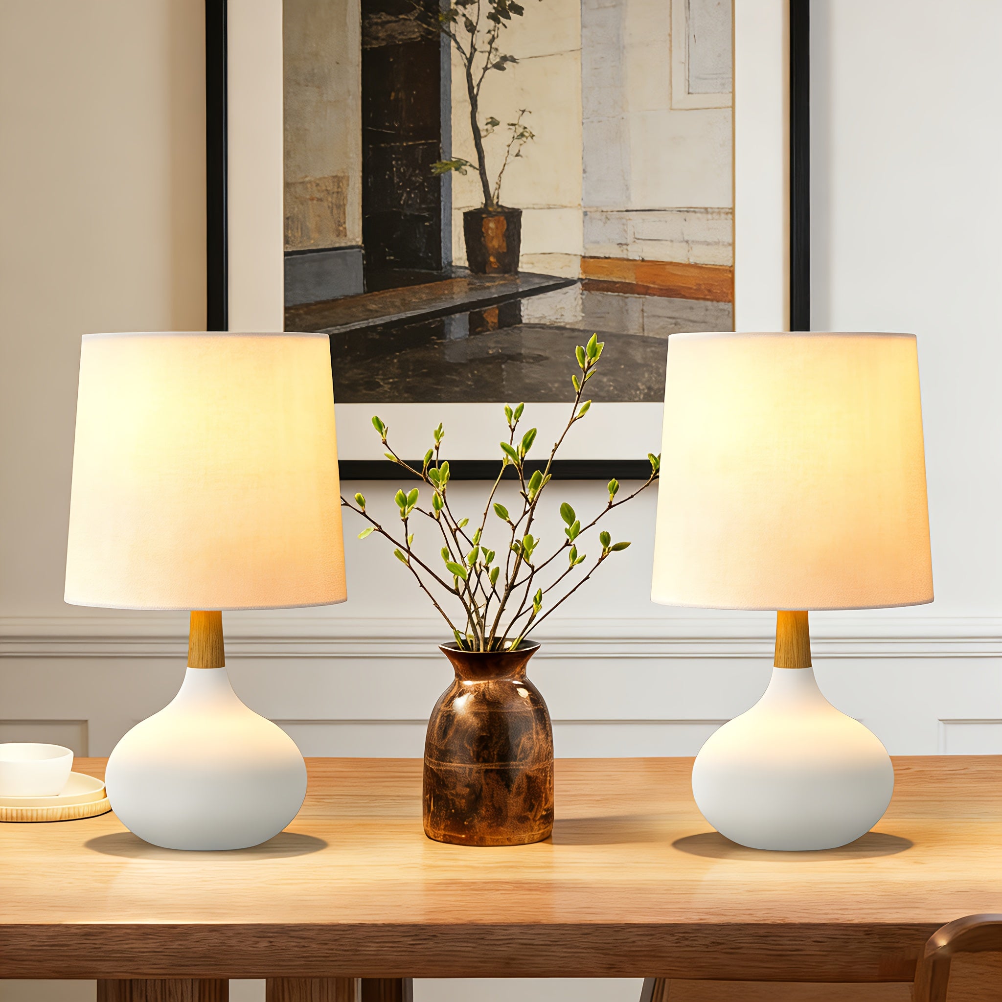 Small Ceramic Table Lamps Set of 2, 14 Inches Mini Bedside Lamps with White Shade, Farmhouse Nightstand Lamp with Wooden Neck for Bedroom, Study, Nightstand, White\u002FBlack