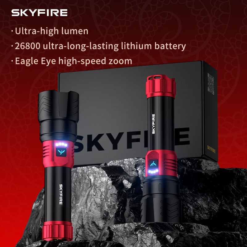 SKYFIRE LED Flashlight High Lumen, Super Bright Rechargeable Flashlight, with Ignition Lens, Adjustable Focus, Four Modes, Suitable for Camping, Outdoor, Farm, Family Use