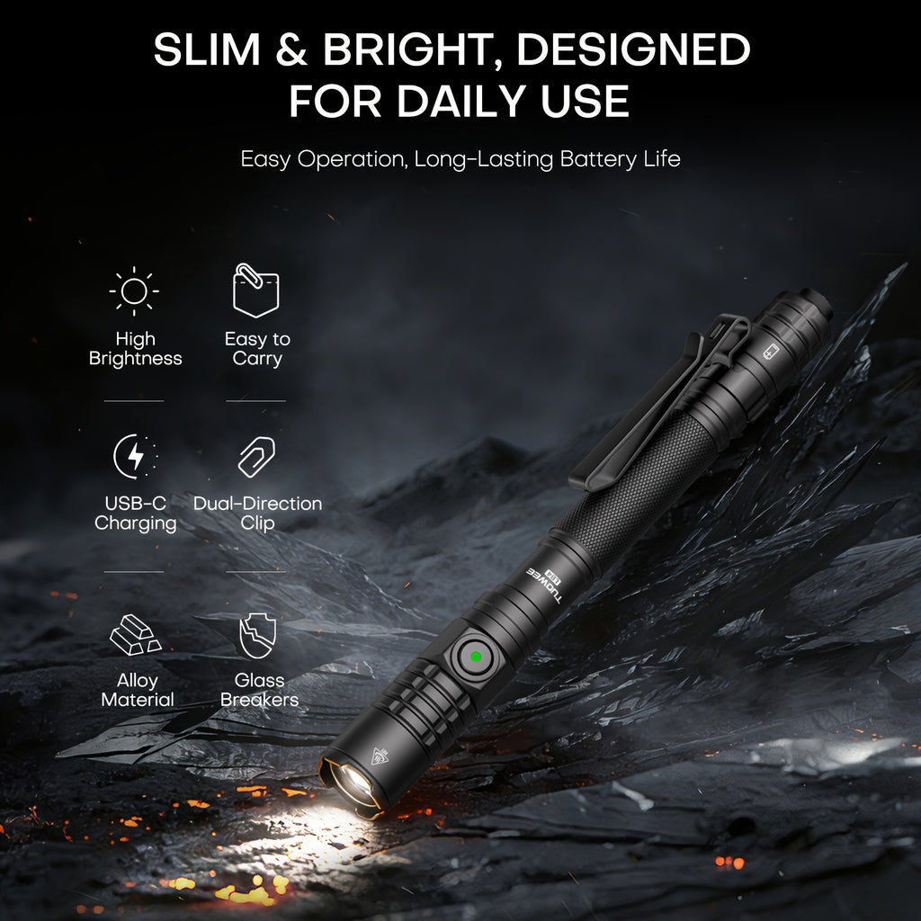 1000LM Rechargeable LED Flashlight, Tactical Tail Switch, USB-C Charging, Pocket Clip for EDC, Camping, Hiking, Emergency