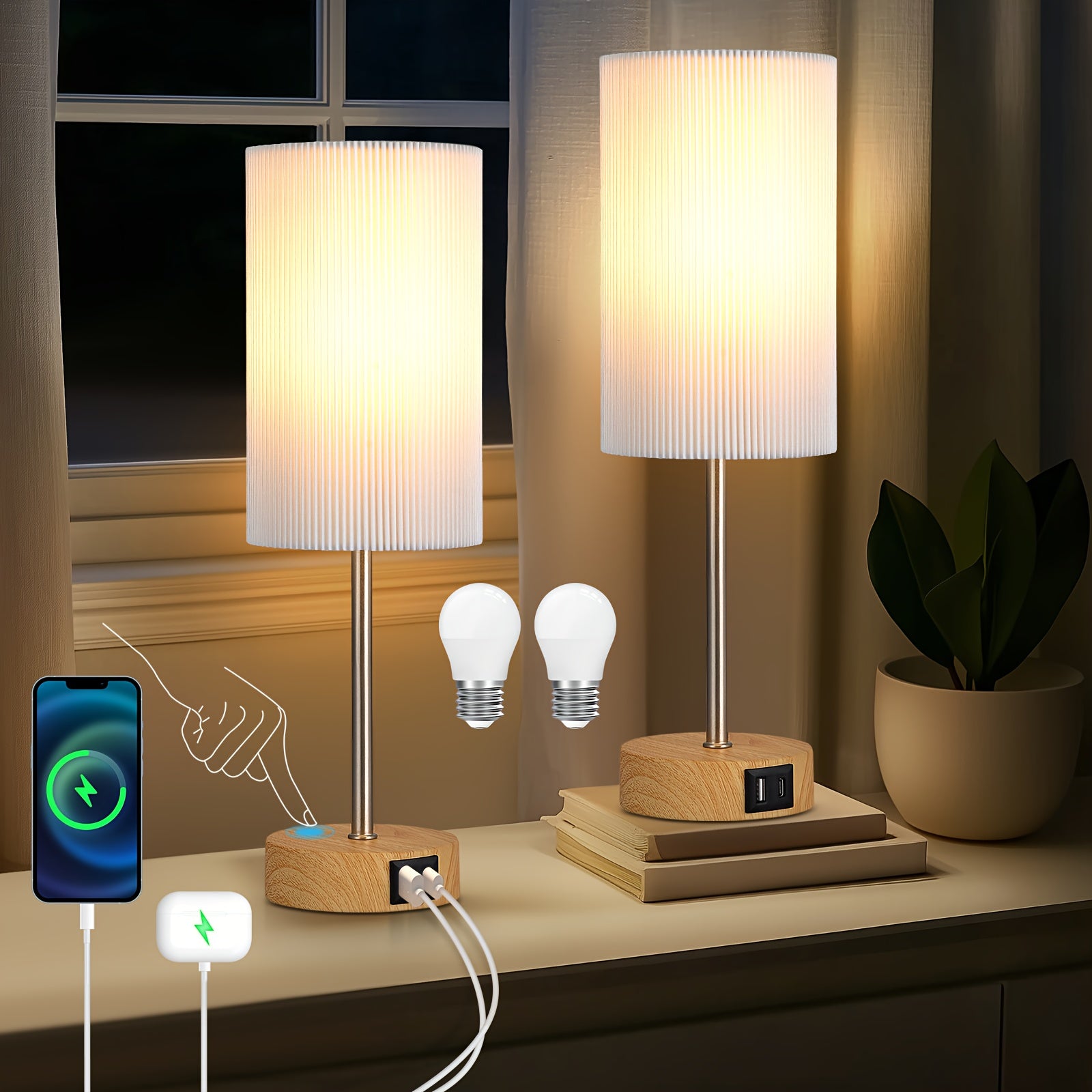 2\u002F1pc 14 Inch Small Table Lamp, Touch Control, 3-Way Dimmable, Dual USB Charging Port, 3000K Soft Warm, Compact Desk Lamp for Bedroom Nightstand, Living Room, Office, Entry, Console Table, Side Table, Gifts for Her (2 LED Dimmable Bulbs Included)