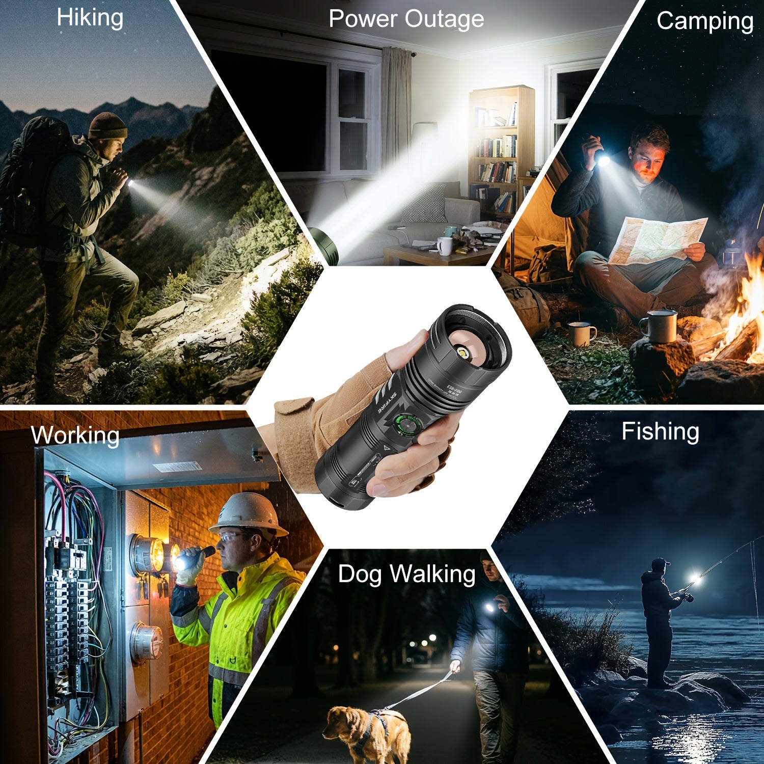 SKYFIRE 1850Lumens Rechargeable Flashlight, 6 Modes Zoomable LED Flashlight, Type-C Charging & Power Indicator, 64H Long Runtime, Bright Light for Farm Patrol, Camping, Hiking & Emergency