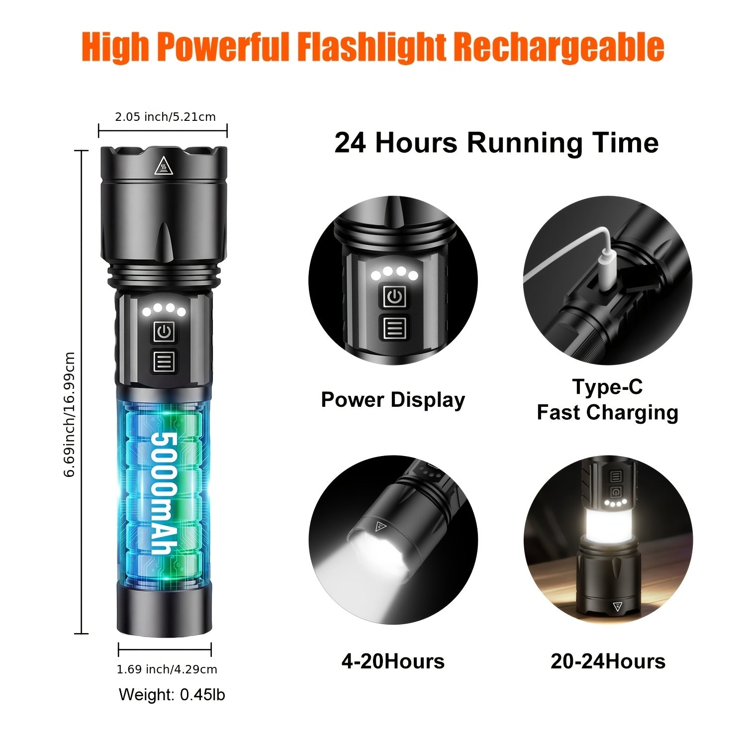 SKYFIRE Multi-Function LED Flashlight, Rechargeable 5000mAh Work Light with Zoom & Multiple Modes for Home Use, Garage & Repair