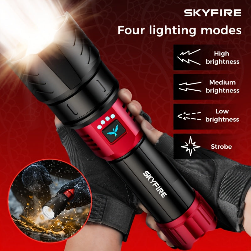 SKYFIRE LED Flashlight High Lumen, Super Bright Rechargeable Flashlight, with Ignition Lens, Adjustable Focus, Four Modes, Suitable for Camping, Outdoor, Farm, Family Use