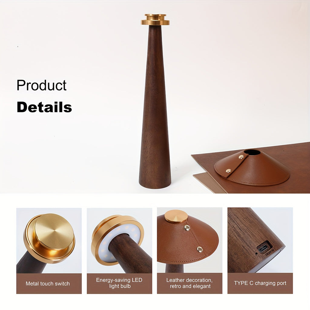 Wooden Touch Nightlight Decorative for Home Office Battery Operated Small LED Table Lamp with USB-C Charging Port, Rechargeable Dimmable Lamps, Leather Battery Powered Lamps for Birthday Christmas Presents