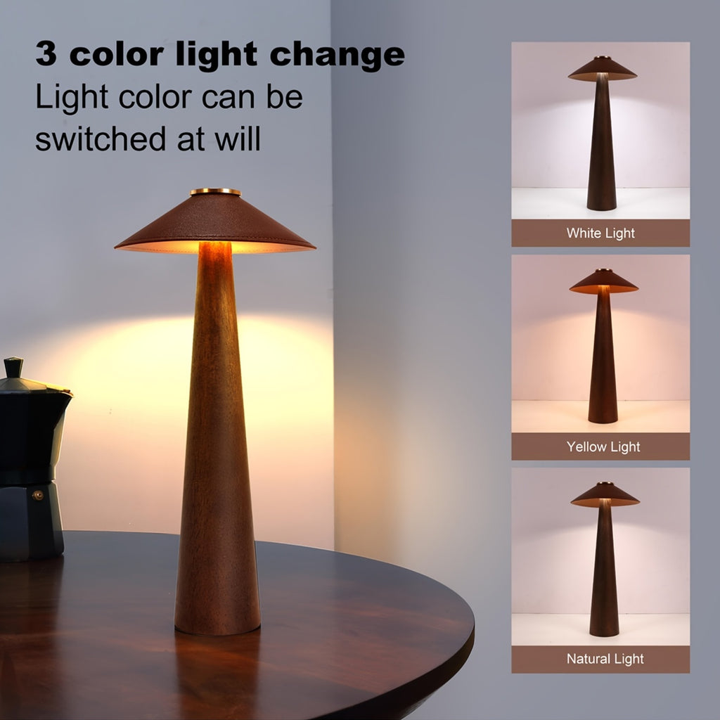 Wooden Touch Nightlight Decorative for Home Office Battery Operated Small LED Table Lamp with USB-C Charging Port, Rechargeable Dimmable Lamps, Leather Battery Powered Lamps for Birthday Christmas Presents
