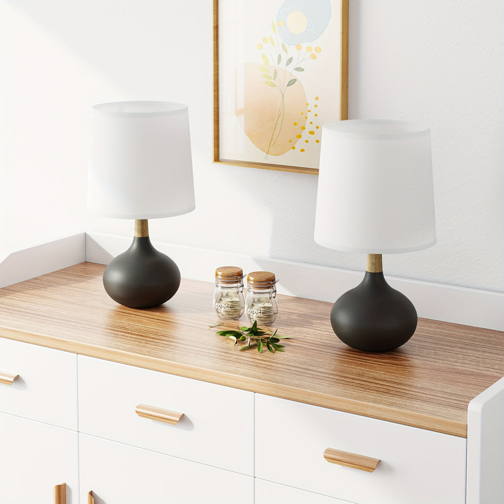 Small Ceramic Table Lamps Set of 2, 14 Inches Mini Bedside Lamps with White Shade, Farmhouse Nightstand Lamp with Wooden Neck for Bedroom, Study, Nightstand, White\u002FBlack