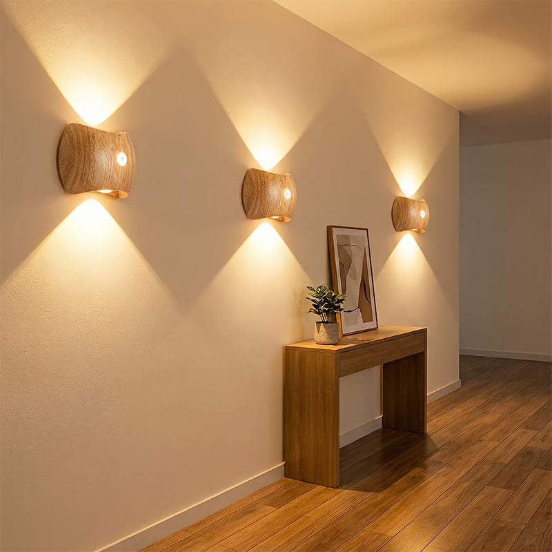 4pcs\u002F2pcs Rechargeable Motion Sensor Wall Light Sconce | 3 Colors Wireless Up and Down Wall Mount Light, Battery Operated, Wood End for Hallway, Staircase, Bedroom, Bathroom - KINGDALUX