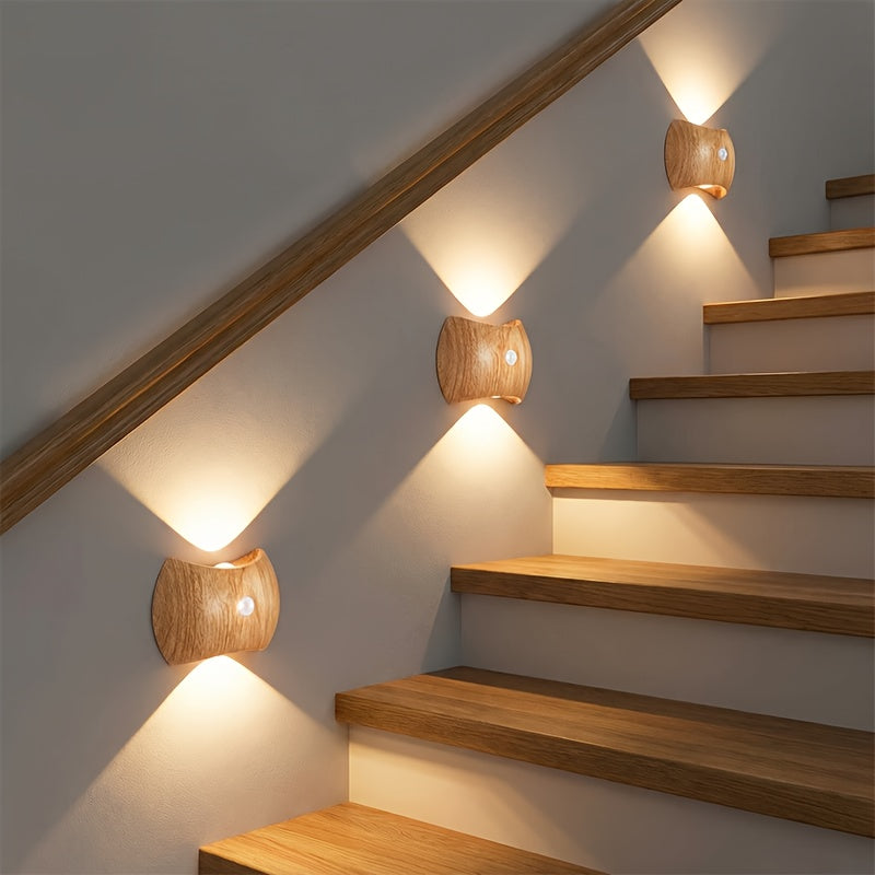 4pcs\u002F2pcs Rechargeable Motion Sensor Wall Light Sconce | 3 Colors Wireless Up and Down Wall Mount Light, Battery Operated, Wood End for Hallway, Staircase, Bedroom, Bathroom - KINGDALUX