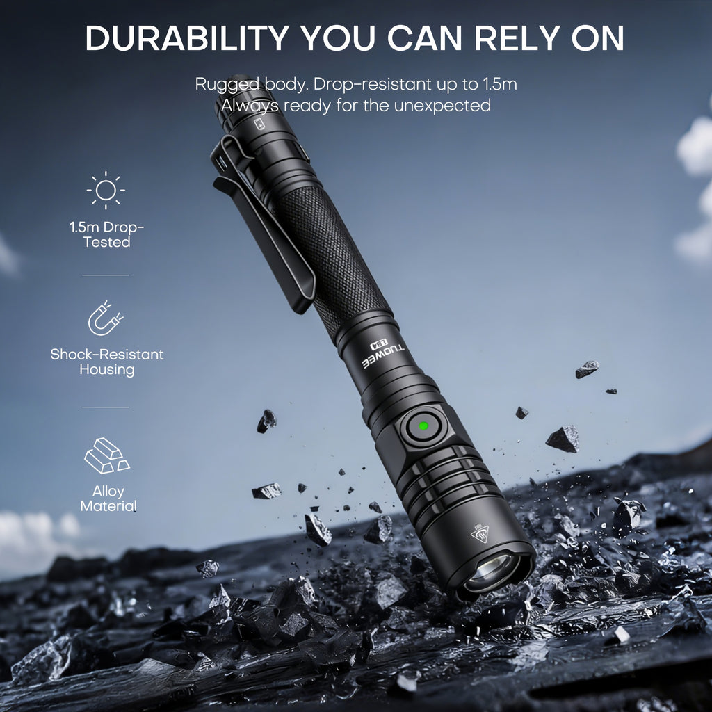 1000LM Rechargeable LED Flashlight, Tactical Tail Switch, USB-C Charging, Pocket Clip for EDC, Camping, Hiking, Emergency