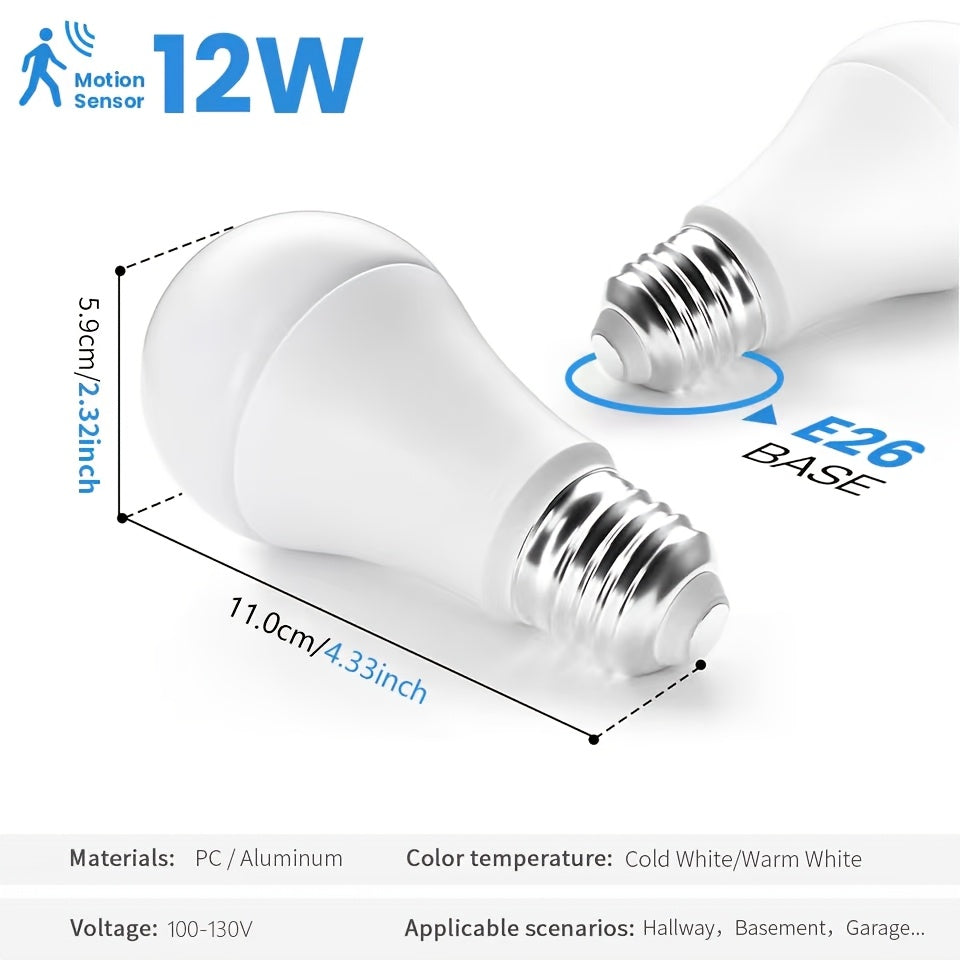 2pcs Motion Sensor Light Bulb 12W 60W Equivalent Automatic Sensor Bulb Dusk to Dawn PC Material Auto on Off Cool White Warm White Easy Install Indoor Night Light for Bathroom Kitchen Indoor Garage Street Home Decor