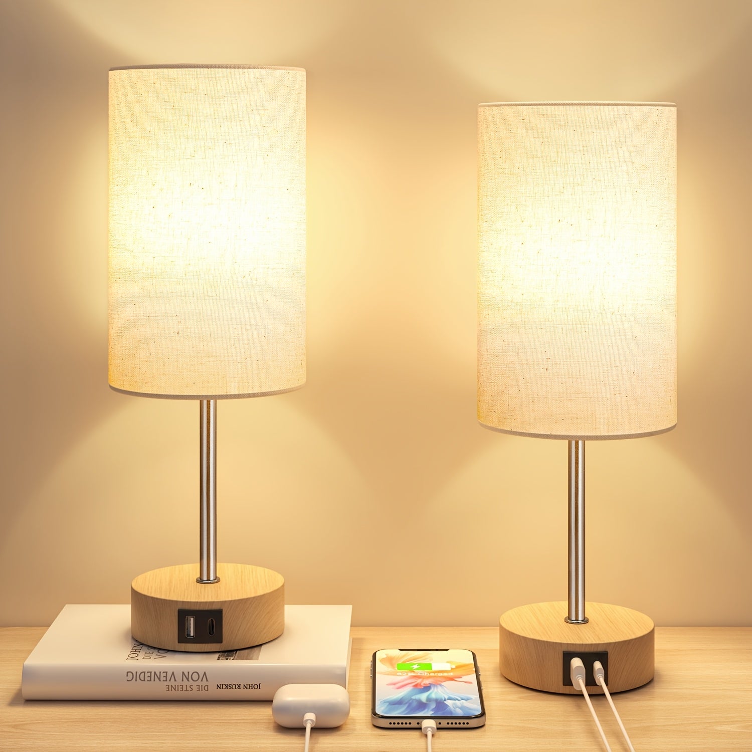 2\u002F1pc 14 Inch Small Table Lamp, Touch Control, 3-Way Dimmable, Dual USB Charging Port, 3000K Soft Warm, Compact Desk Lamp for Bedroom Nightstand, Living Room, Office, Entry, Console Table, Side Table, Gifts for Her (2 LED Dimmable Bulbs Included)